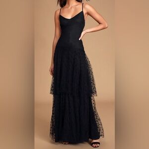 Lulus Black Polka Dot Tiered Maxi Dress Mesh